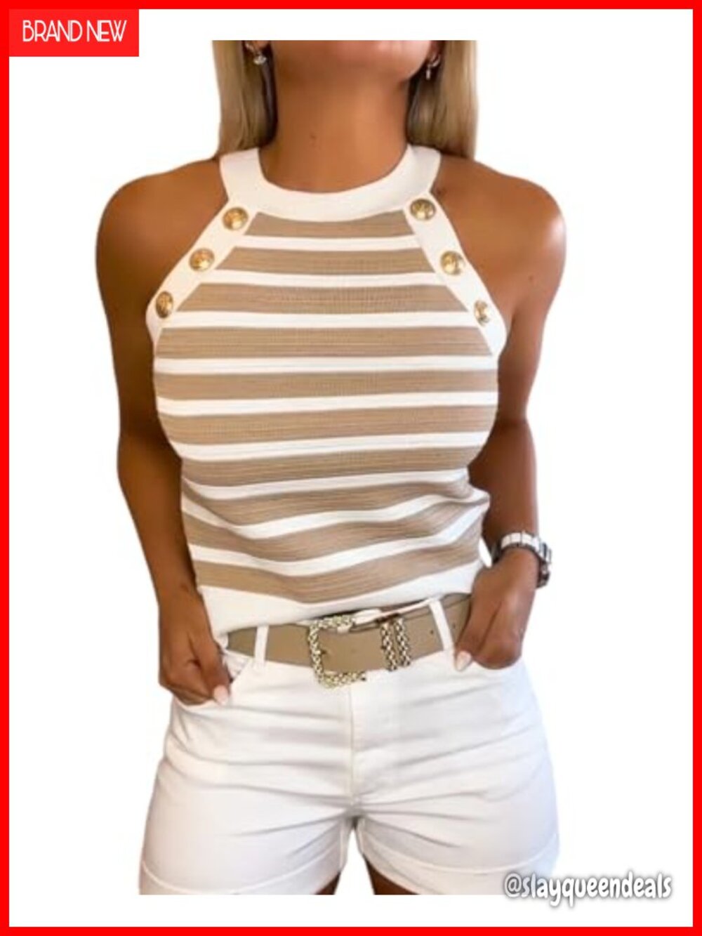 Womens Striped Knit Tank Top Halter Neck Sleeveless Summer Casual Top